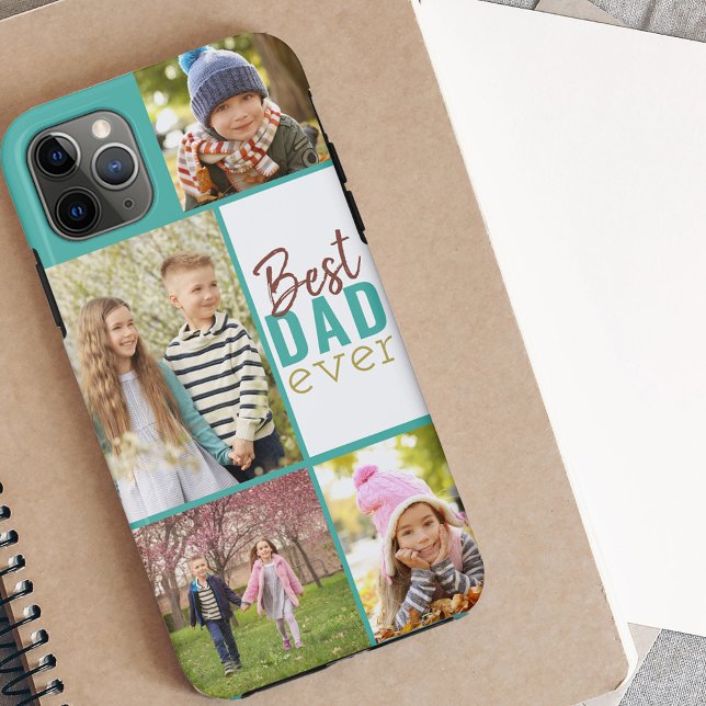 Best Dad Ever 4 Photo Rust Brown and Teal Case-Mate iPhone Case (Creator Uploaded)