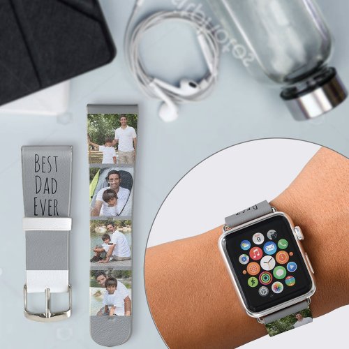 Best Dad Ever 4 Photo Skinny Font Grey Black Apple Watch Band