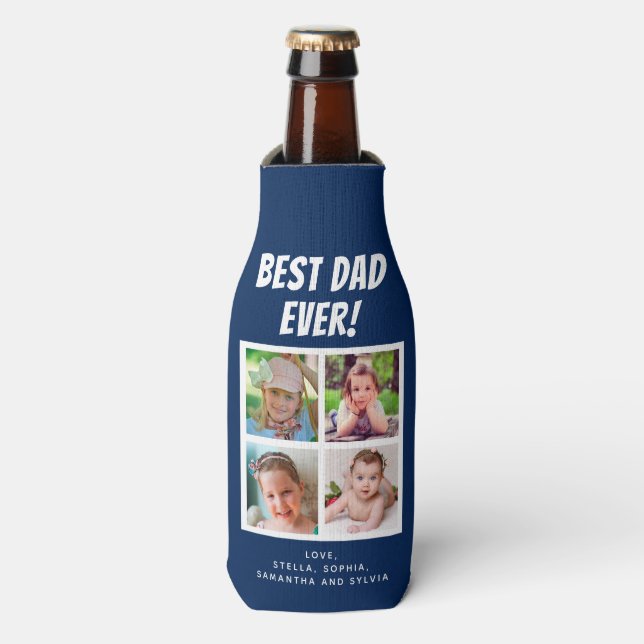Best Dad Ever 4 Photos Dark Blue  Bottle Cooler (Bottle Front)