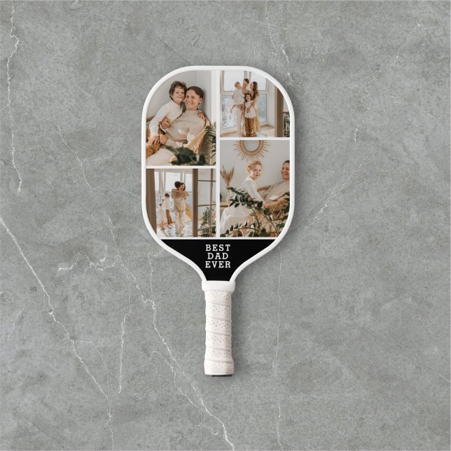 Best Dad Ever 8 Photo Collage Black Pickleball Paddle (Creator Uploaded)