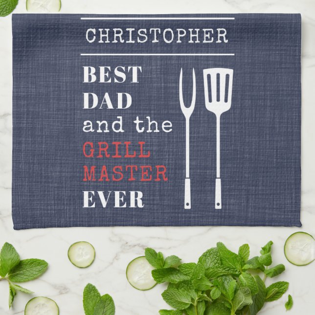 Best Dad Ever Barbecue Grill Master Fathers Name Kitchen Towel (Folded)