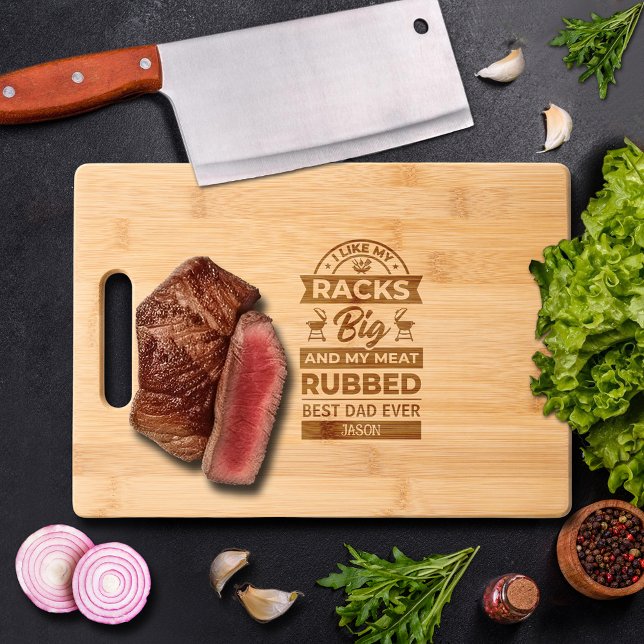 Best Dad Ever BBQ  Engraved Cutting Board (Personalized Best Dad Ever BBQ Wood Cutting Board with "I like my racks big and my meat rubbed.")