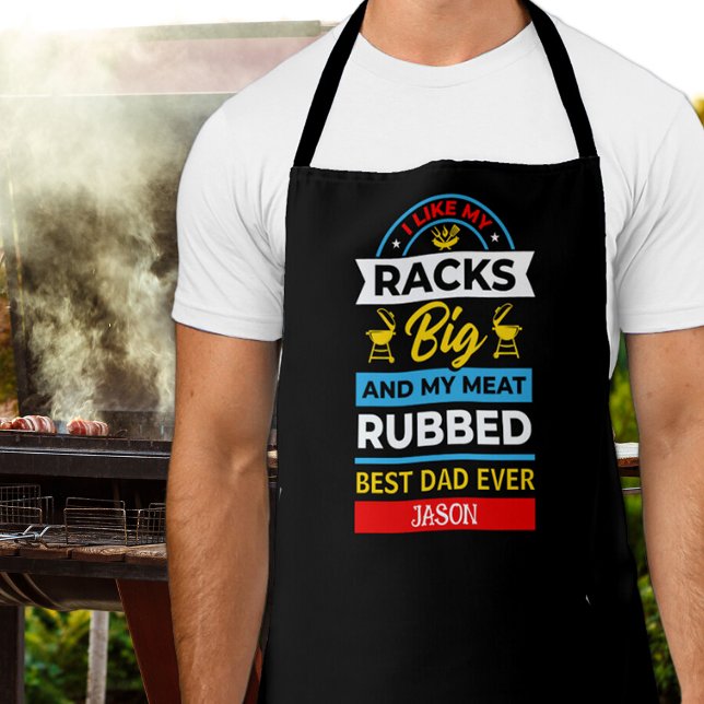 Best Dad Ever Black All-Over Print Apron (Best Dad Ever personalized black apron with "I like my Racks Big and my Meat Rubbed")