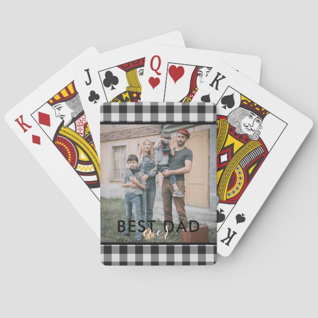 BEST DAD EVER BLACK WHITE BUFFALO PLAID PHOTO POKER CARDS (Back)