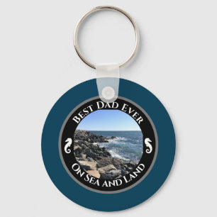 Best Dad Ever Blue Atlantic Ocean Rocky Seashore Keychain