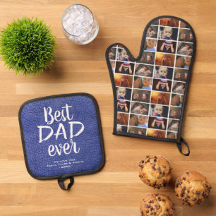 Best Dad Ever Blue Leather Print 6 Photo Collage Oven Mitt & Pot Holder Set