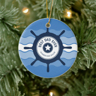 Best Dad Ever Blue Ships Wheel and Waves Ceramic Ornament