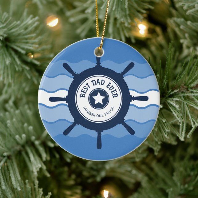 Best Dad Ever Blue Ships Wheel and Waves Ceramic Ornament (Tree)