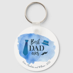 Best DAD ever Blue Watercolor Tie Hat Father's Day Keychain