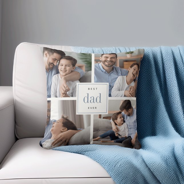 Best Dad Ever | Blue & White Kids Photo Collage Throw Pillow (Creator Uploaded)