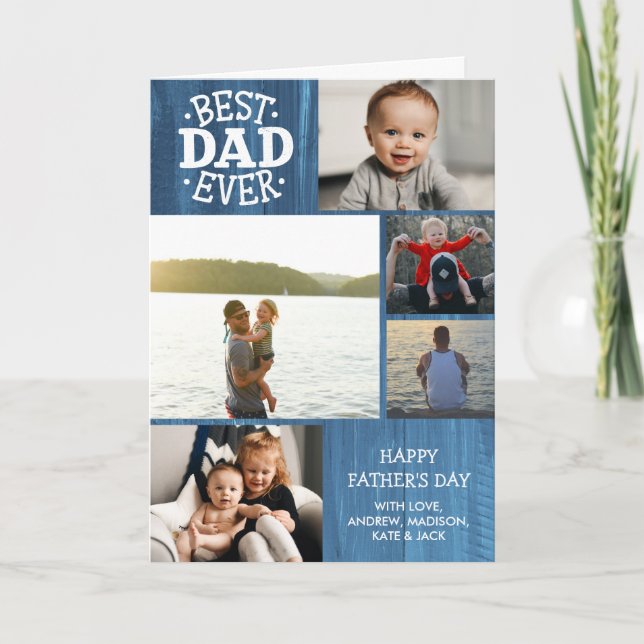 Best Dad Ever Blue Wood 5 Photo Father's Day Card (Front)