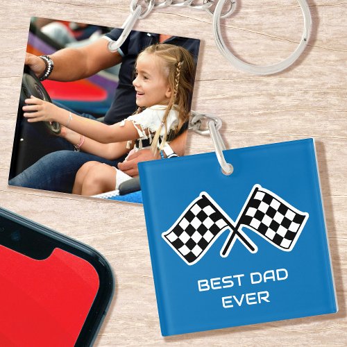 Best Dad Ever Checkered Flags Custom Photo Blue Keychain