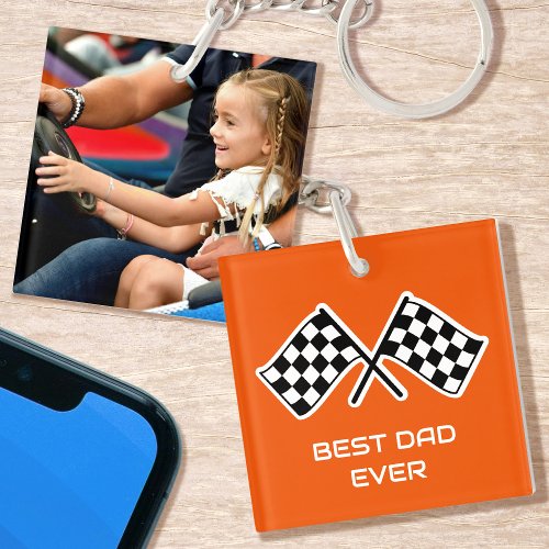 Best Dad Ever Checkered Flags Custom Photo Orange Keychain