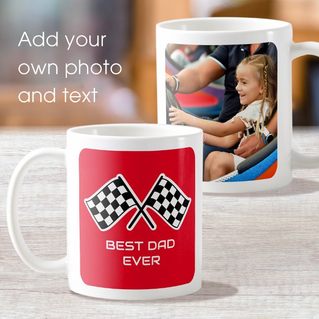 Best Dad Ever Checkered Flags Custom Photo Red Coffee Mug (Creator Uploaded)