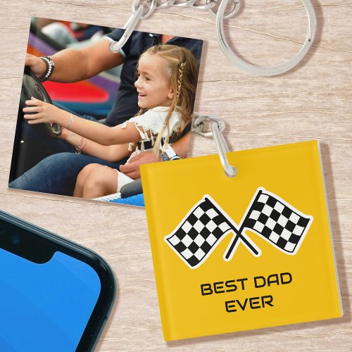 Best Dad Ever Checkered Flags Custom Photo Yellow Keychain