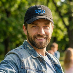Best Dad Ever Classic Blue White Typography Black Embroidered Baseball Cap