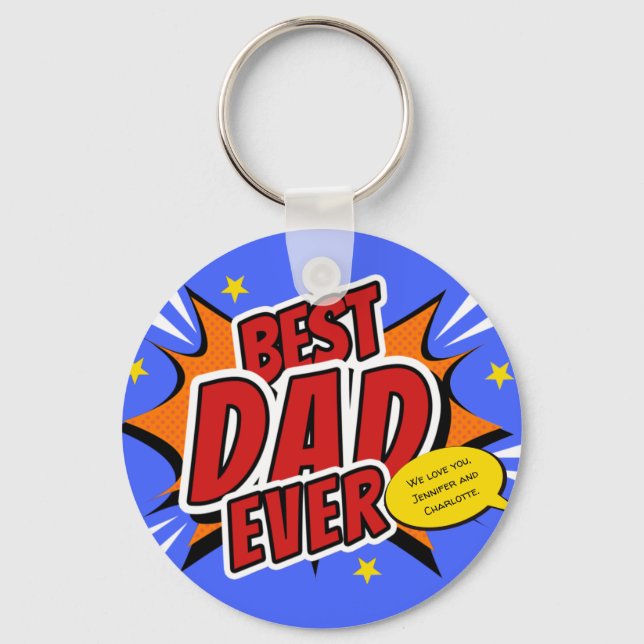 Best Dad Ever Comic Superhero Fathers Day Keychain (Front)