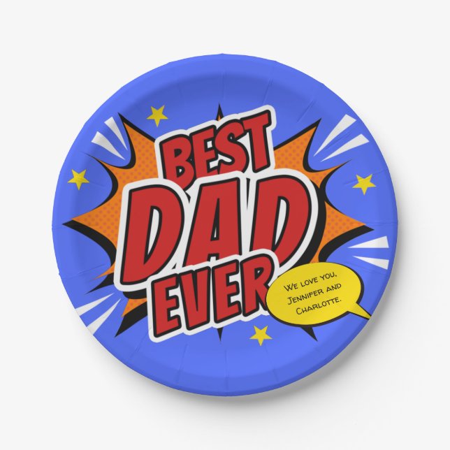 Best Dad Ever Comic Superhero Fathers Day Paper Plates (Front)