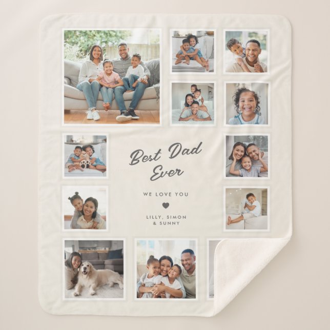 Best Dad Ever | Custom 12 Photo Collage Keepsake Sherpa Blanket (Front)