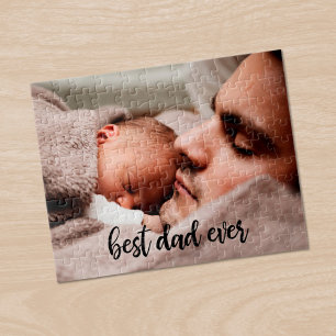 Best Dad Ever Custom Photo Modern Black Script Jigsaw Puzzle