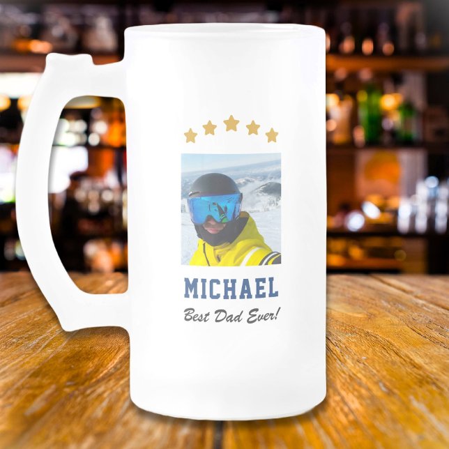 Best Dad Ever Custom Photo Text Five Stars Frosted Glass Beer Mug (Creator Uploaded)