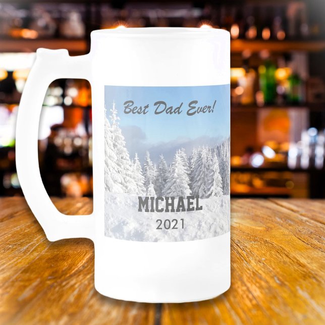 Best Dad Ever Custom Photo Text Personalized Frosted Glass Beer Mug (Creator Uploaded)