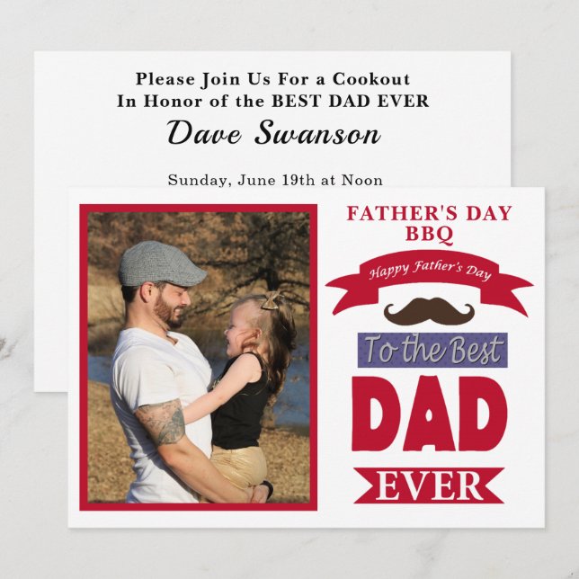 Best Dad Ever Fathers Day BBQ Photo Frame Mustache Invitation (Front/Back)