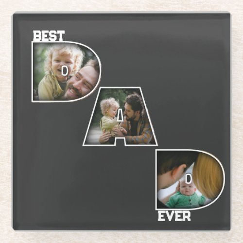 Best Dad Ever Fathers Day Gift 3 Photo Cutout Glass Coaster