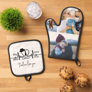 Best Dad Ever Father's Day Heartbeat Photo Collage Oven Mitt & Pot Holder Set
