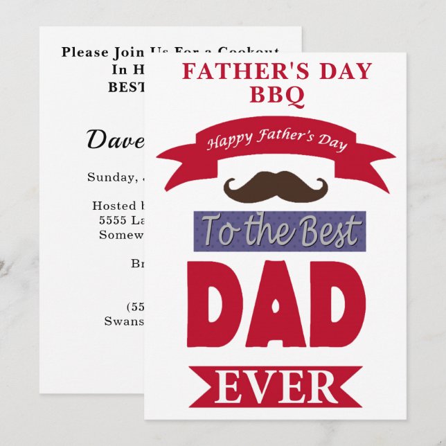 Best Dad Ever Fathers Day Mustache BBQ Party Invitation (Front/Back)
