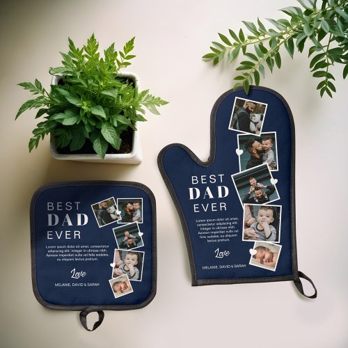 Best Dad Ever Fathers Day Photo Collage Navy Blue Oven Mitt  Pot Holder Set