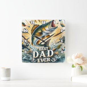 Best Dad Ever: Fishing Action Splash Square Wall Clock