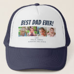 Best Dad Ever Four Photos Navy Blue Trucker Hat<br><div class="desc">This fun Father's Day hat features four square photos for pictures of children or dad. The navy blue text "Best Dad Ever" appears above the pictures. Custom text allows you to personalize with names.</div>