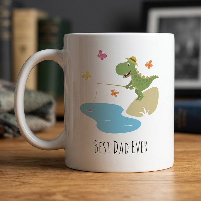 Best Dad Ever Funny Cartoon Dinosaur Fishing Coffee Mug (Creator Uploaded)