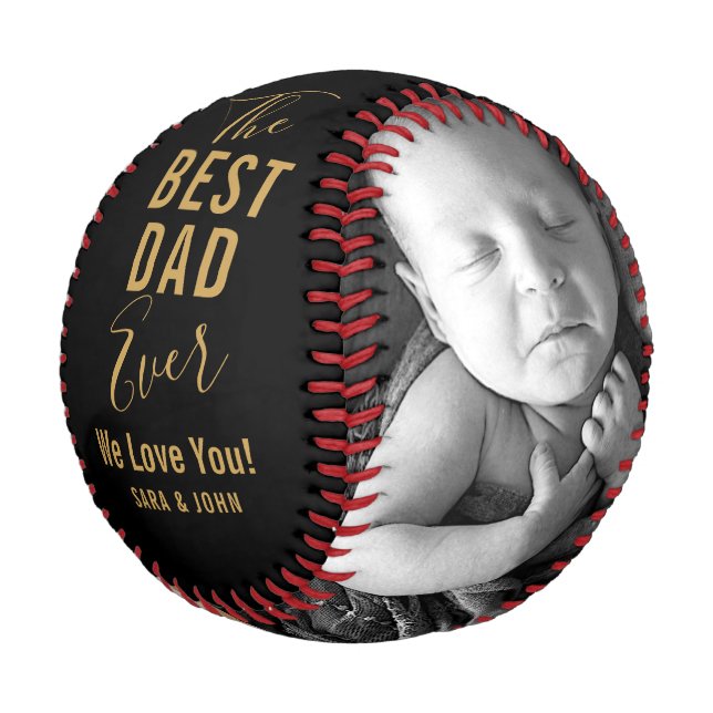 Best Dad Ever Gold Black Baby 2 Photos Name Baseball (Angled)
