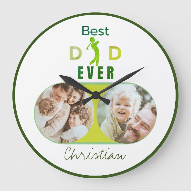 Best Dad Ever Green Golf Custom Photo Name Gift Large Clock (Front)