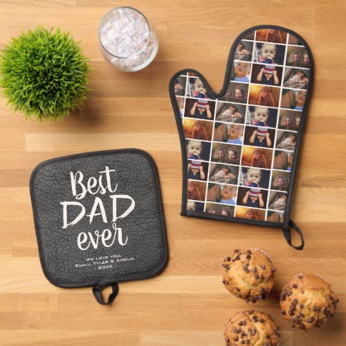 Best Dad Ever Grey Leather Print 6 Photo Collage Oven Mitt  Pot Holder Set