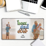Best Dad Ever Groovy Text 2 Photos Desk Mat<br><div class="desc">This 2 photo desk mat is a fun personalized gift for dad! The design features the colorful text "best dad ever" with a groovy vibe. Personalize with the name(s) of his children.</div>
