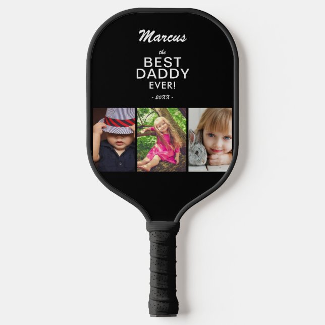 Best Dad Ever Keepsake 3 Photo Collage Black Pickleball Paddle (Front)
