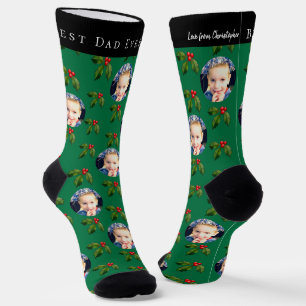 Best Dad Ever Kids Photo Holly Berry Green Holiday Socks