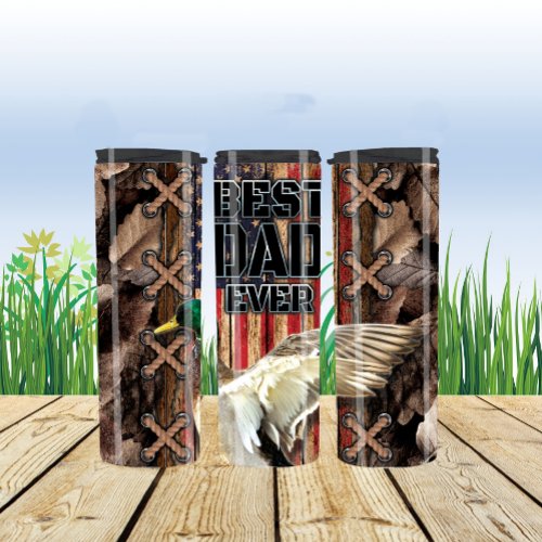 Best Dad Ever Mallard Duck USA Flag Wood Thermal Tumbler