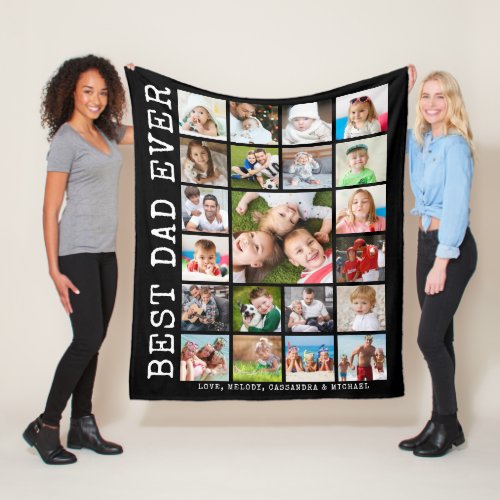 BEST DAD EVER Modern 21 Photo Collage Keepsake Fleece Blanket - Easily create a photo collage blanket for Dad with 21 square family pictures for Dad with the editable title BEST DAD EVER and personalized with your custom text at the the bottom on an editable black background. Makes a meaningful, memorable keepsake gift for for Father's Day, his birthday or the holidays. CHANGES:  You can change the background color or choose a styled graphics background and/or change the text font style, size, color or placement by clicking CUSTOMIZE FURTHER. PHOTO TIP:  Pre-crop/size your photos into a square shape or have the subject in the middle BEFORE uploading. NOTE that pixelation/blurry warnings may occur and you may want to resize your original photo before uploading or the Zazzle LIVE Designer Help pop-up, other online services or the designer may help you. Contact the designer via Zazzle Chat or makeitaboutyoustore@gmail.com if you'd like this design modified or on another product.