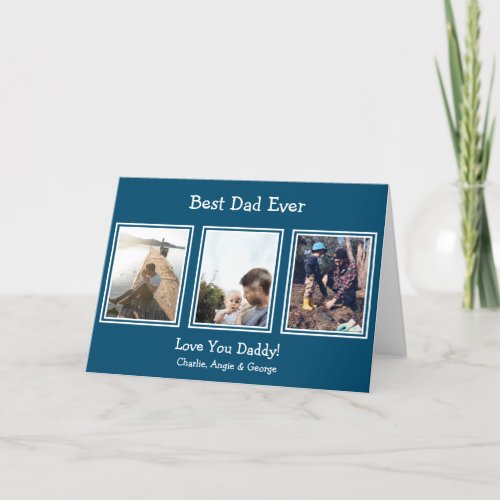  Best Dad Ever Modern Blue 3 Photo Holiday Card