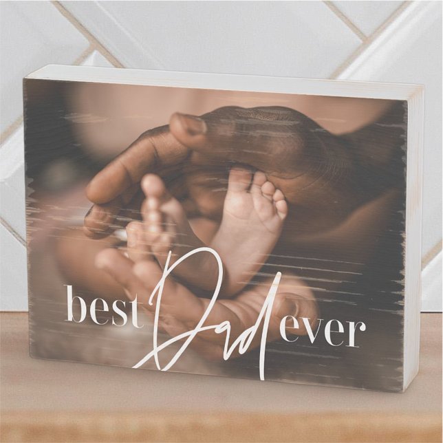 Best Dad Ever Modern Classic Simple Elegant Photo Wooden Box Sign (Creator Uploaded)
