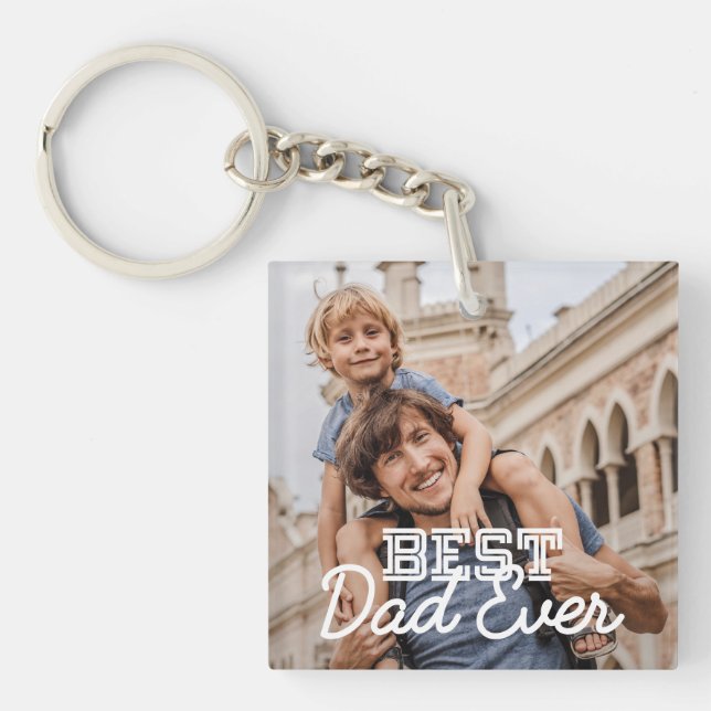 Best Dad Ever Modern Cool Stitch Custom Photo Keychain (Front)
