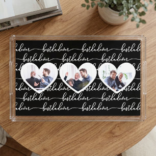 Best Dad Ever Modern Script Black White 3 Photo Acrylic Tray