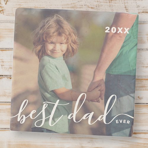 Best Dad Ever Modern Simple Playful Script Photo Stone Coaster