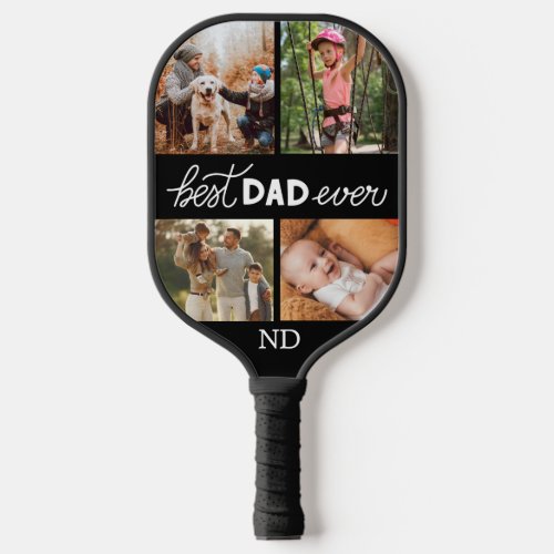 Best Dad Ever Monogrammed Photo Collage Black Pickleball Paddle