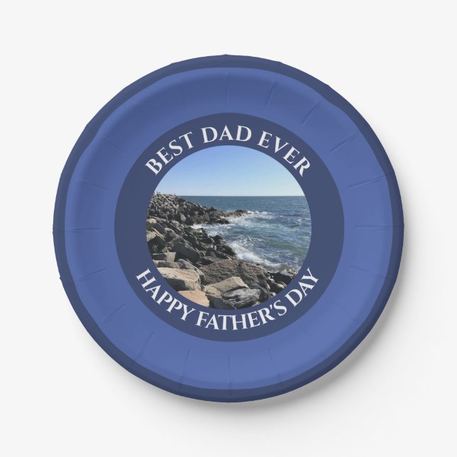Best Dad Ever Navy Blue Photo of Ocean Rocky Shore Paper Plates (Front)