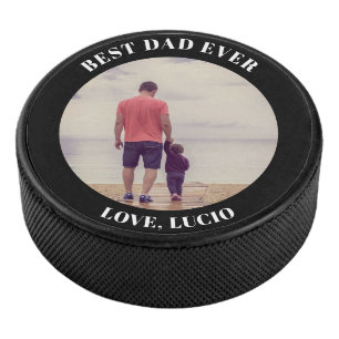 Best dad ever personalized photo black hockey puck